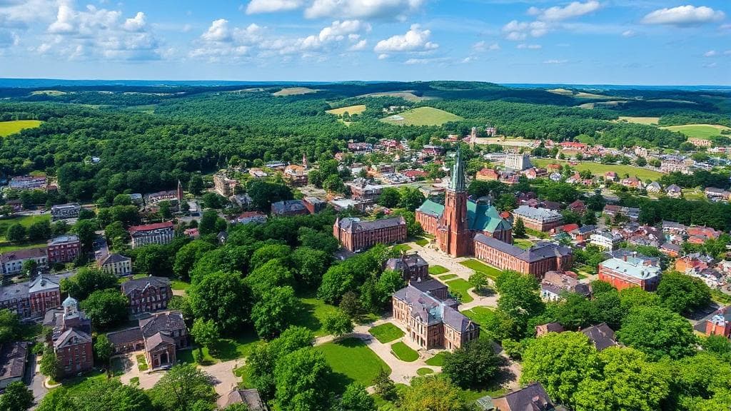 A scenic aerial view of Ohio University's campus nestled in the rolling hills of Athens, Ohio, showcasing its historic architecture and lush greenery.