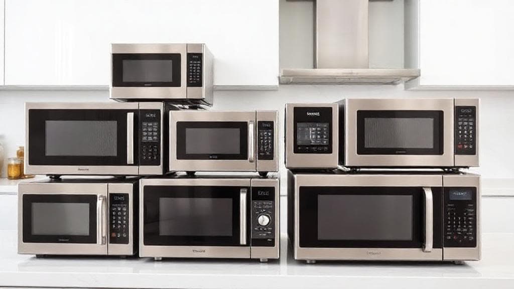 A modern kitchen countertop displaying a variety of sleek, high-tech microwave ovens in different sizes and styles.