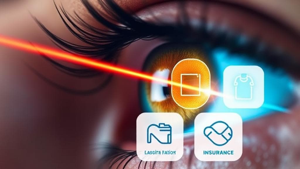 A close-up of an eye with a laser beam, symbolizing LASIK surgery, overlaid with icons representing insurance coverage.
