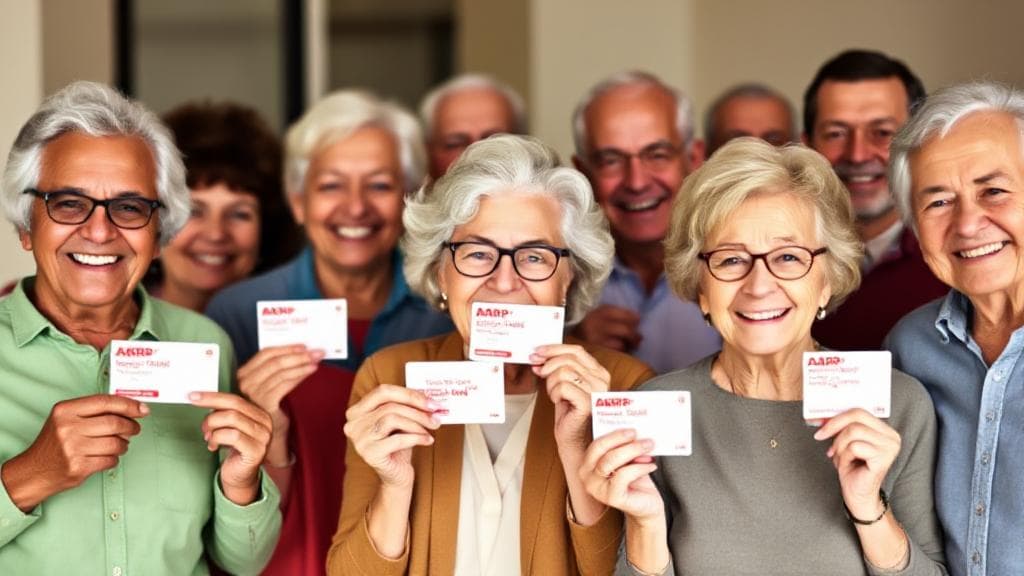 A vibrant image of a diverse group of smiling seniors holding AARP membership cards, symbolizing community and accessibility.