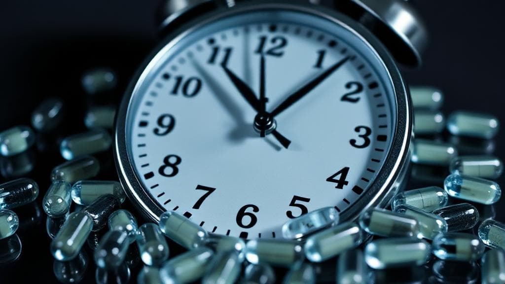 A close-up image of a clock with Vraylar capsules scattered around, symbolizing the timing of the medication's effects.