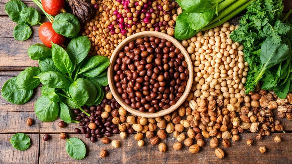 A vibrant assortment of iron-rich foods like spinach, lentils, beans, nuts, and seeds arranged on a rustic wooden table.