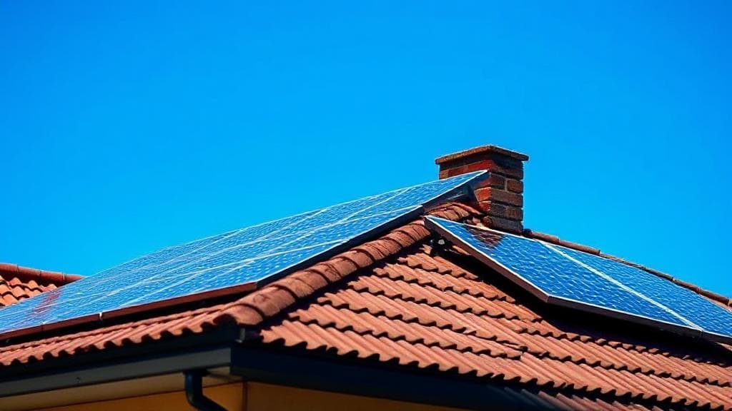 A rooftop adorned with solar panels glistening under a clear blue sky, symbolizing sustainable energy choices.