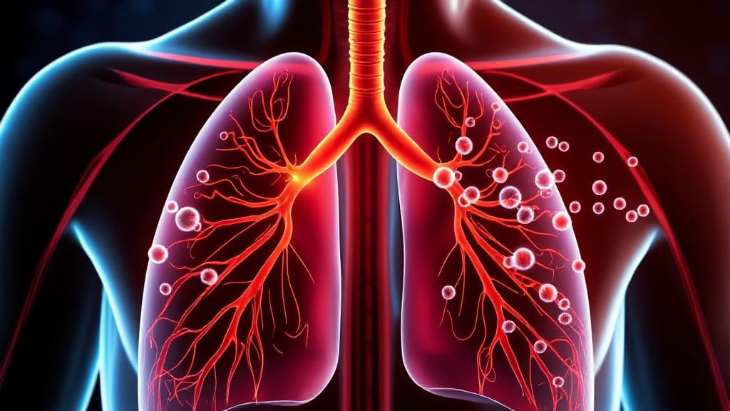 A dynamic illustration of the respiratory system highlighting the bronchi, with a visual representation of albuterol molecules interacting with airway receptors.