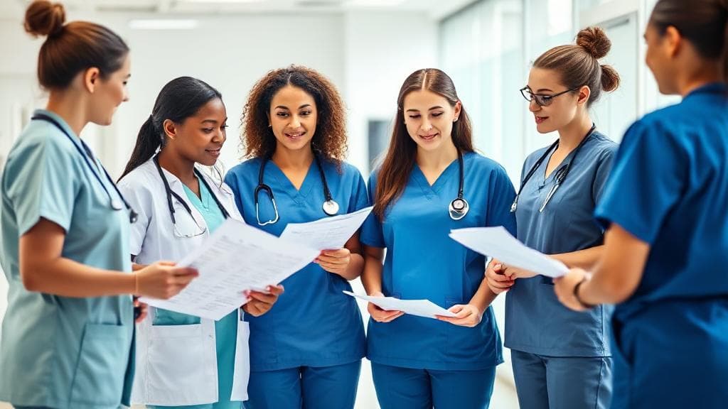 A diverse group of medical assistants in scrubs discussing salary charts in a bright, modern clinic setting.