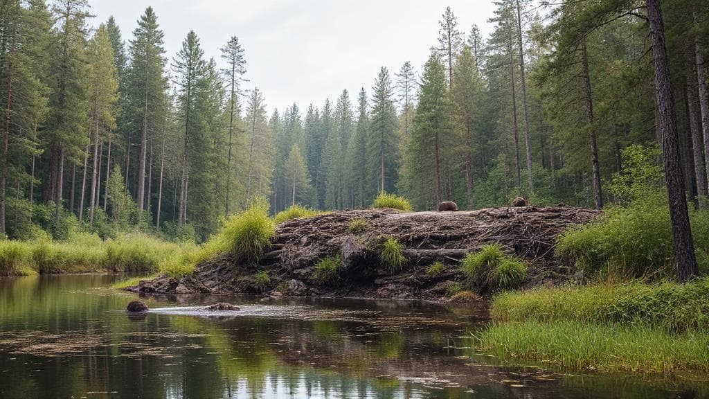 A serene landscape featuring a beaver dam nestled in a lush forest, illustrating the harmonious relationship between beavers and their environment.