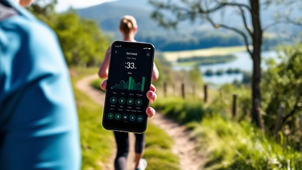 A person walking briskly on a scenic trail, with a step counter app open on their smartphone.