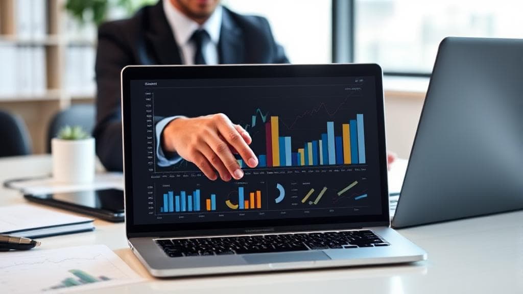 A professional office setting with a project manager reviewing charts and graphs on a laptop, symbolizing financial growth and career success.