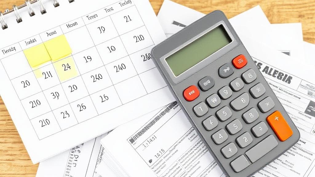 A calendar marked with key tax deadlines and a calculator resting on a stack of tax forms.