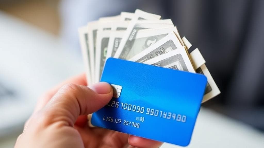 A close-up image of a hand holding a credit card and cash, symbolizing the concept of cash advances.