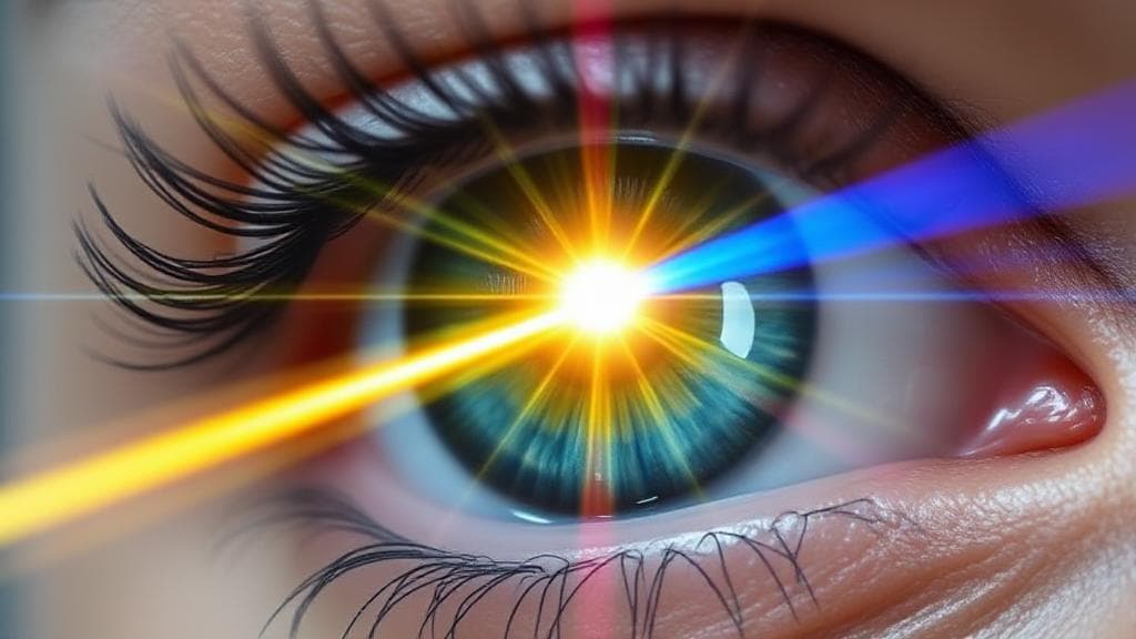 A close-up image of an eye with a futuristic laser beam gently passing over it, symbolizing the precision and technology of laser eye surgery.