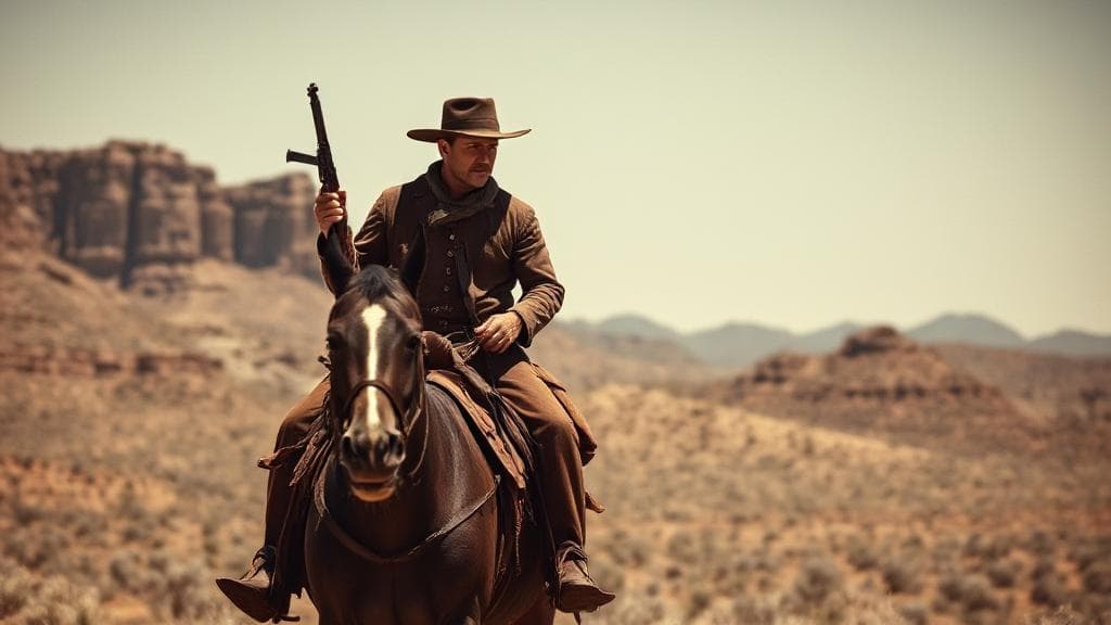 A vintage Western scene featuring a lone gunslinger on horseback against a rugged landscape, capturing the essence of "Have Gun – Will Travel."