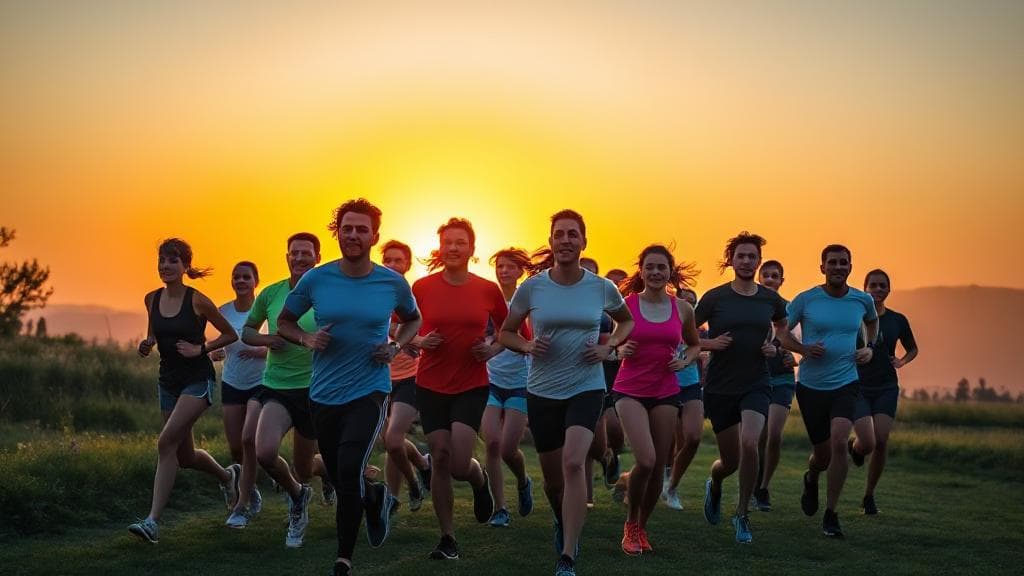 A vibrant image of a diverse group of people jogging together at sunrise, radiating energy and motivation.
