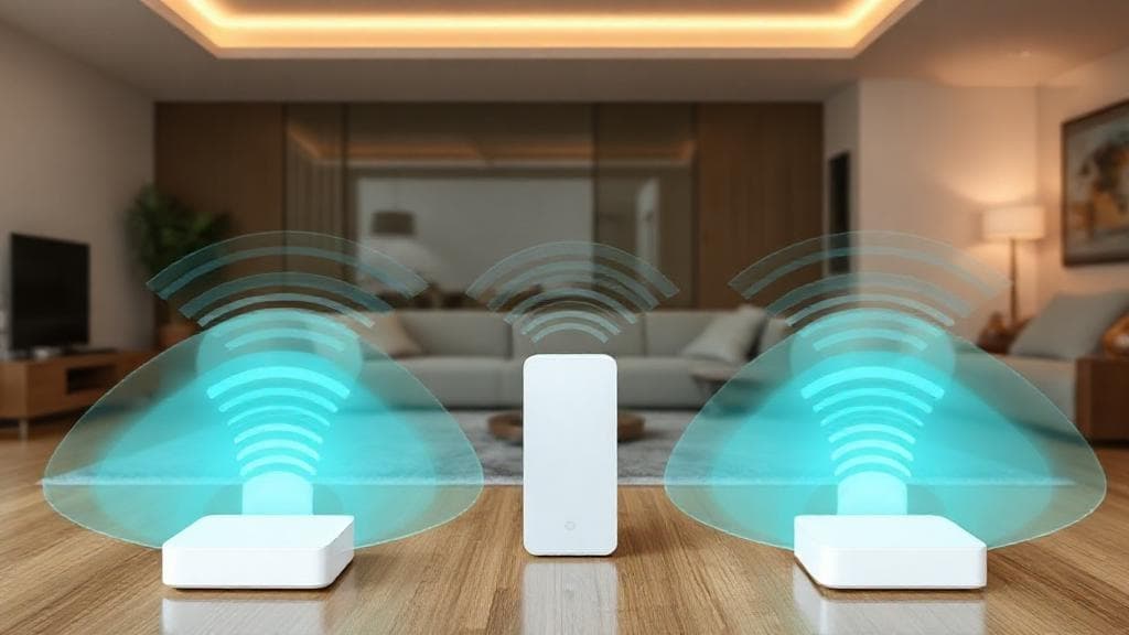 A modern home interior with multiple sleek mesh Wi-Fi devices placed in different rooms, radiating overlapping wireless signals for seamless whole-home coverage.