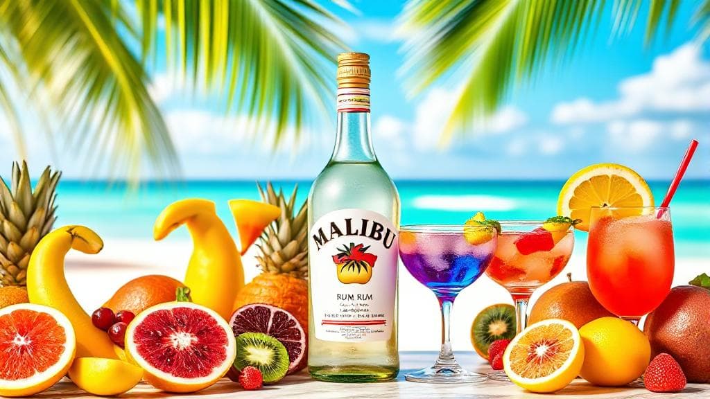A vibrant and tropical-themed header image featuring a bottle of Malibu Rum surrounded by fresh fruits, colorful cocktail glasses, and a beach backdrop.