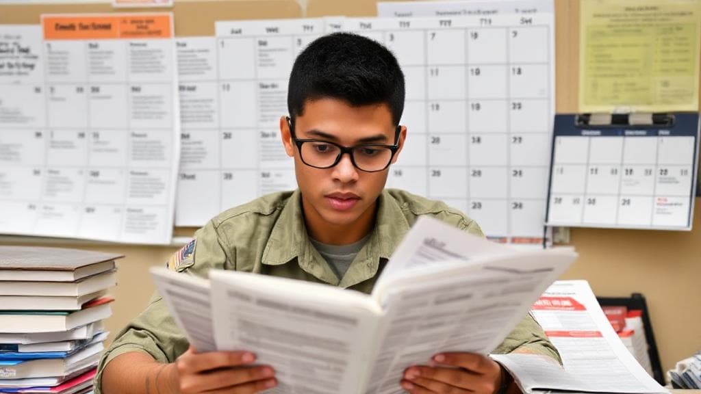 A focused student reviews study materials with a determined expression, surrounded by ASVAB prep books and a calendar marked with test dates.