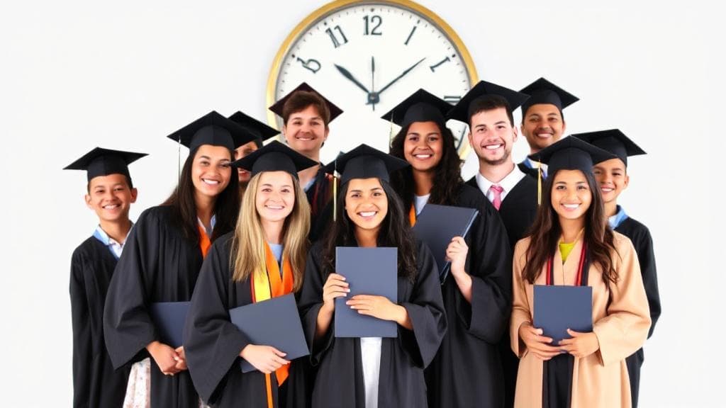 A diverse group of students in graduation attire, holding diplomas, with a clock in the background symbolizing the passage of time.