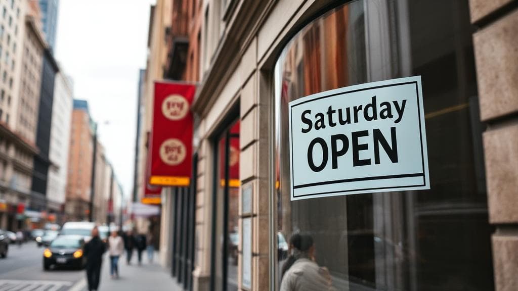 A bustling city street with a bank prominently displaying a "Saturday Open" sign in its window.