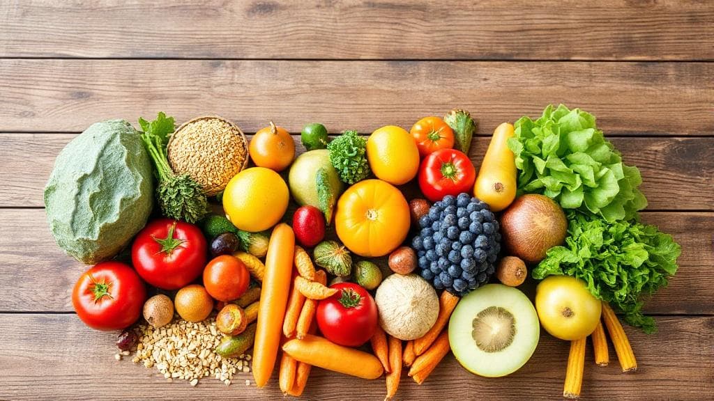A colorful array of fresh fruits, vegetables, and whole grains artfully arranged on a wooden table, symbolizing a balanced diet to complement semaglutide treatment.