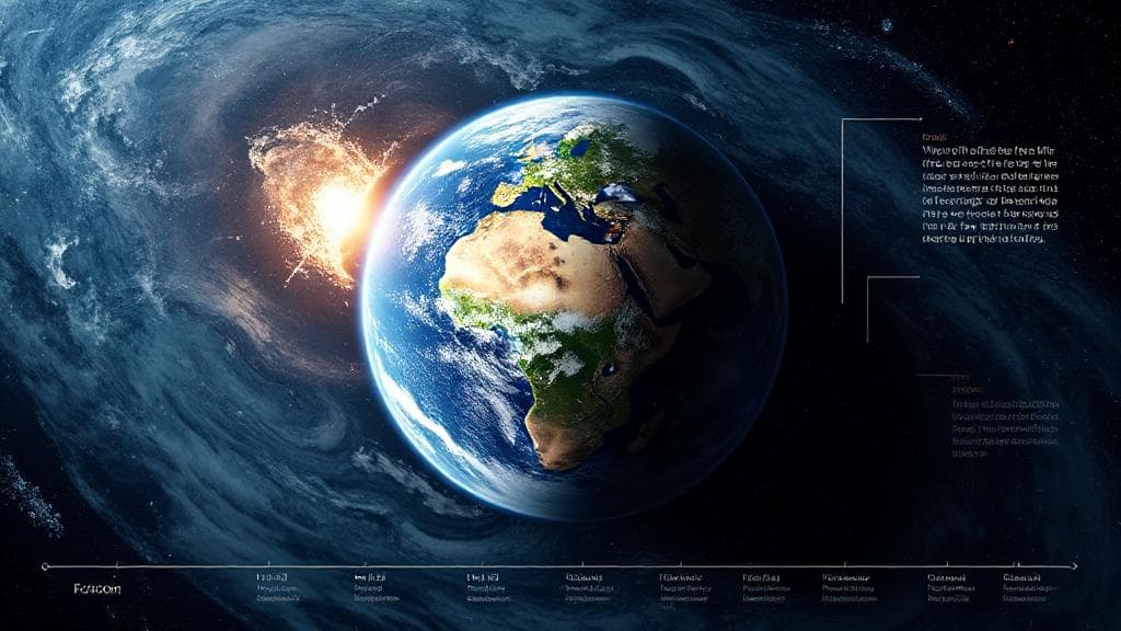 A dramatic depiction of Earth from space, surrounded by swirling cosmic phenomena and theoretical timelines, illustrating various scientific predictions about the planet's future.