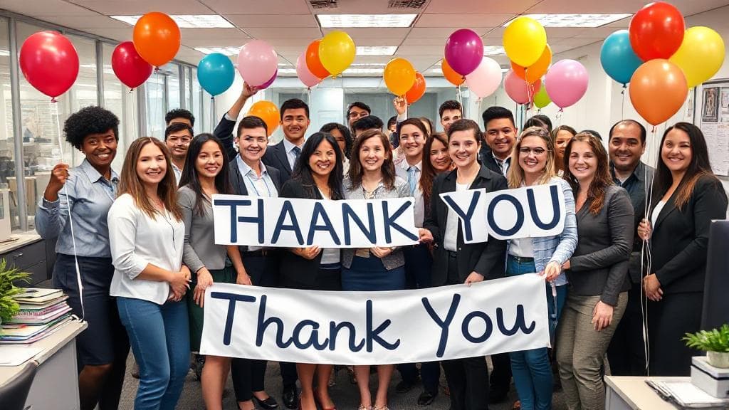 A vibrant office scene with a diverse group of administrative professionals celebrating with balloons and a "Thank You" banner.