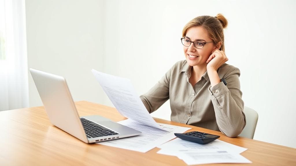 A person confidently reviewing financial documents with a laptop and calculator on a desk, symbolizing independent 401(k) planning.