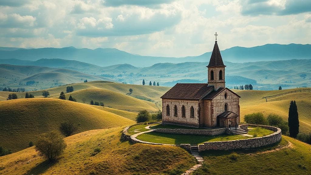 A serene landscape featuring an ancient church nestled amidst rolling hills, symbolizing the historical and theological journey to identify the true church.