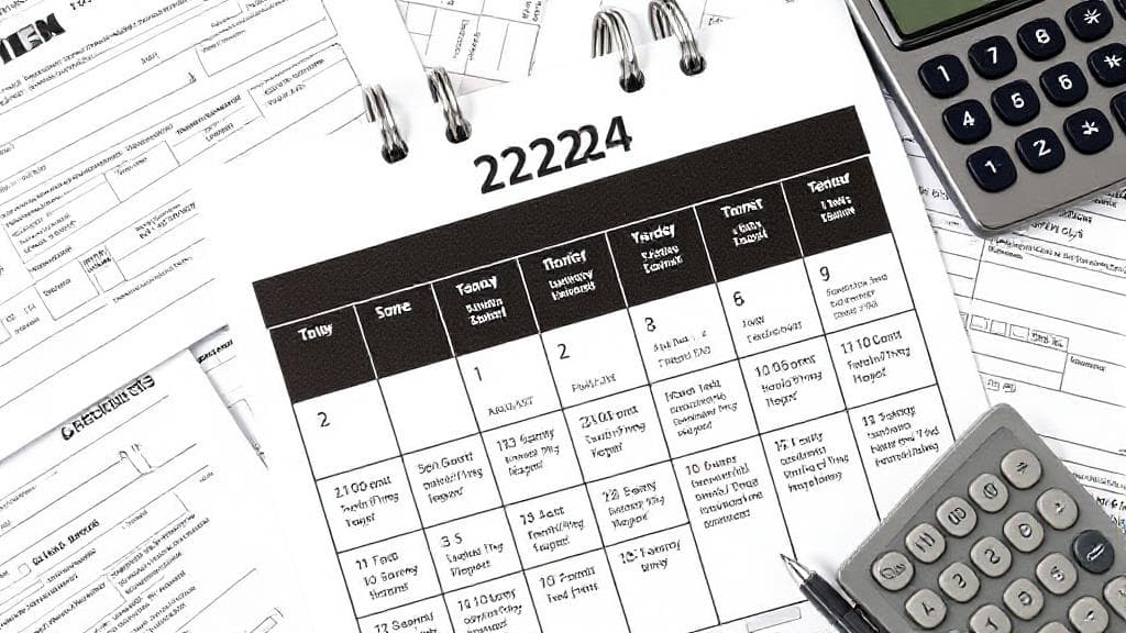 A calendar marked with important tax filing dates and deadlines for 2024, surrounded by tax forms and a calculator.