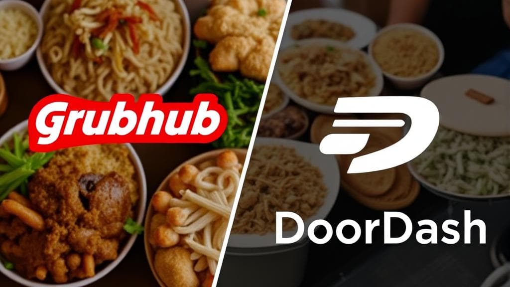A split-screen image showing the Grubhub and DoorDash logos with a background of diverse food items being delivered.