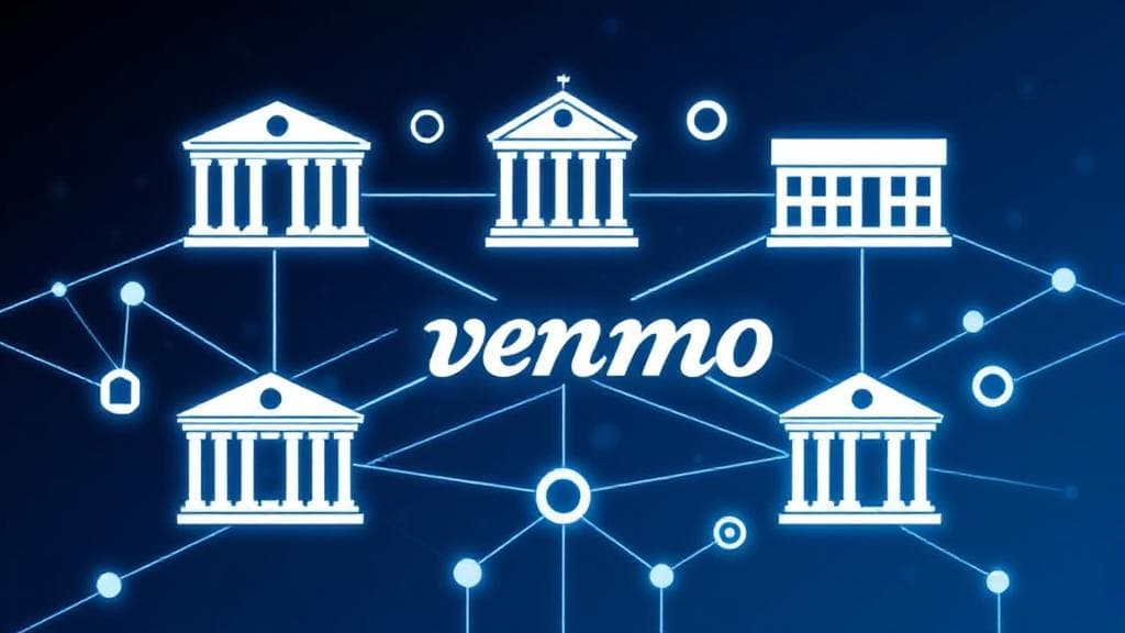 A digital illustration of interconnected banks and the Venmo logo, symbolizing the collaboration between financial institutions and the payment platform.