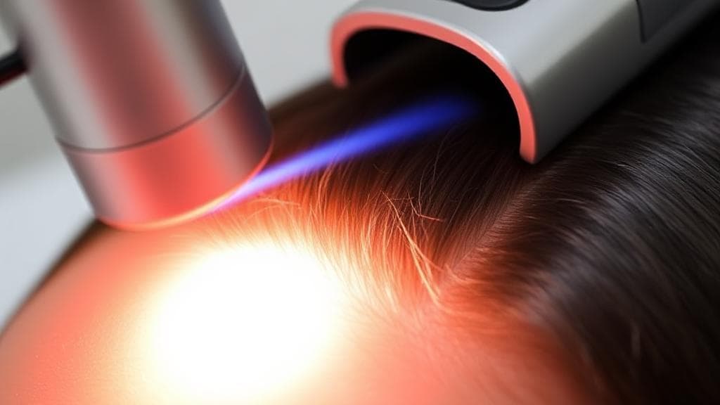 A sleek, modern laser device emits a focused beam of light onto a strand of hair, illustrating the precision and technology behind hair laser treatment.