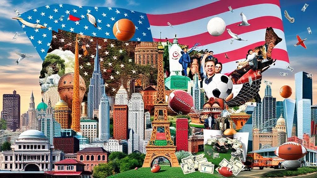 A dynamic collage of iconic American landmarks and sports elements, overlaid with betting odds and currency symbols, capturing the essence of legal sports betting in the United States.