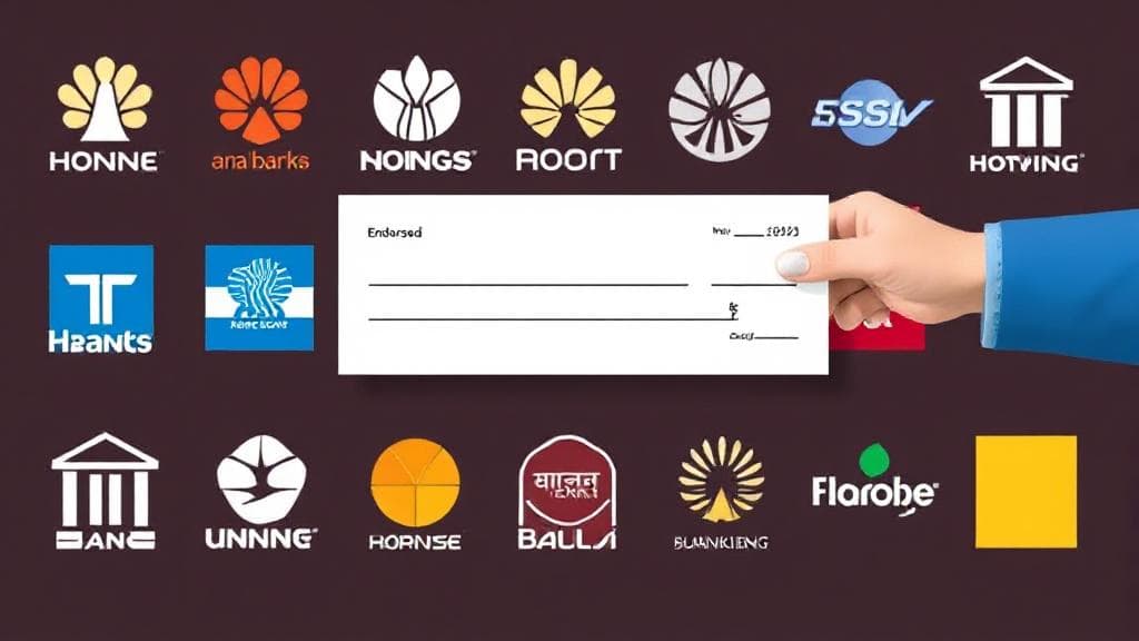 A diverse array of bank logos and a check being endorsed, symbolizing the process of cashing checks at various financial institutions.