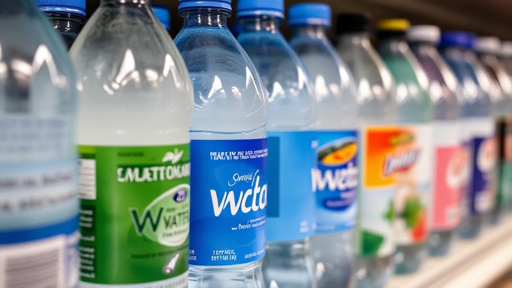 A close-up image of various bottled water brands lined up on a shelf, with expiration dates clearly visible on the labels.