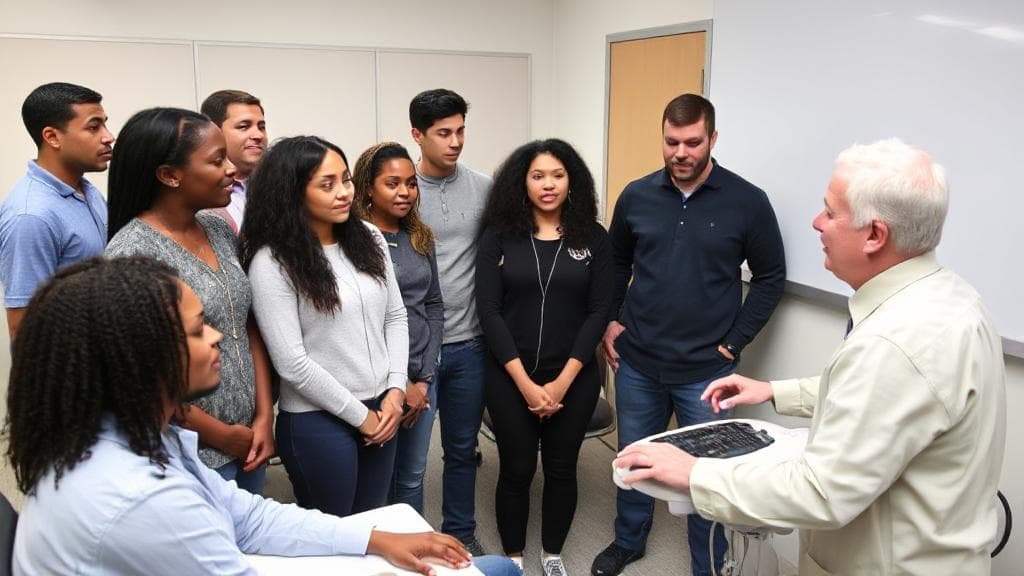 A diverse group of students attentively observing an instructor demonstrate ultrasound equipment in a modern classroom setting.