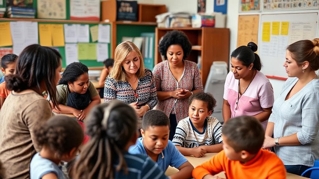 A diverse group of teachers engaging with students of various ages in a vibrant classroom setting.