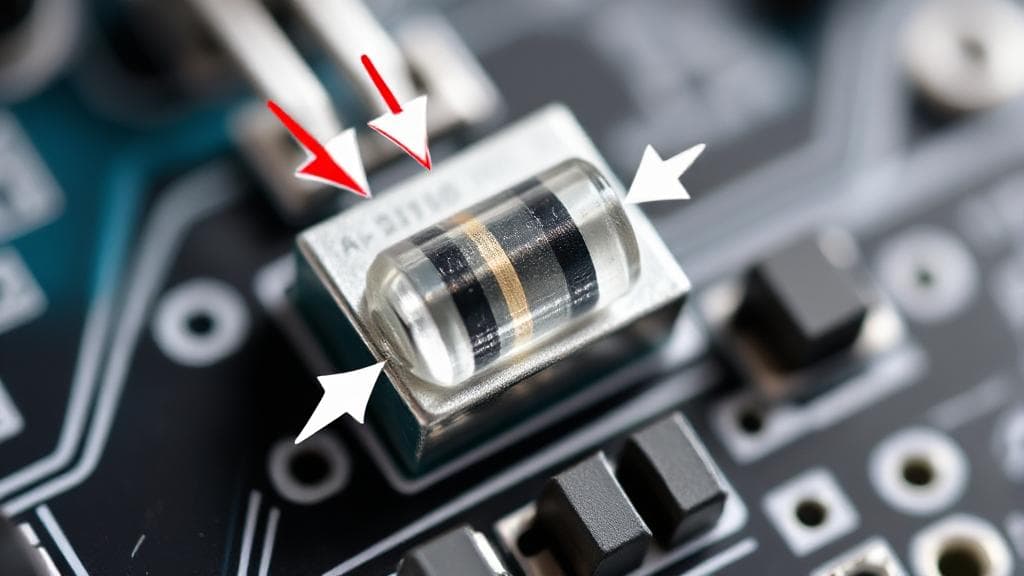 A close-up image of a diode on a circuit board, with arrows illustrating the flow of current through the component.