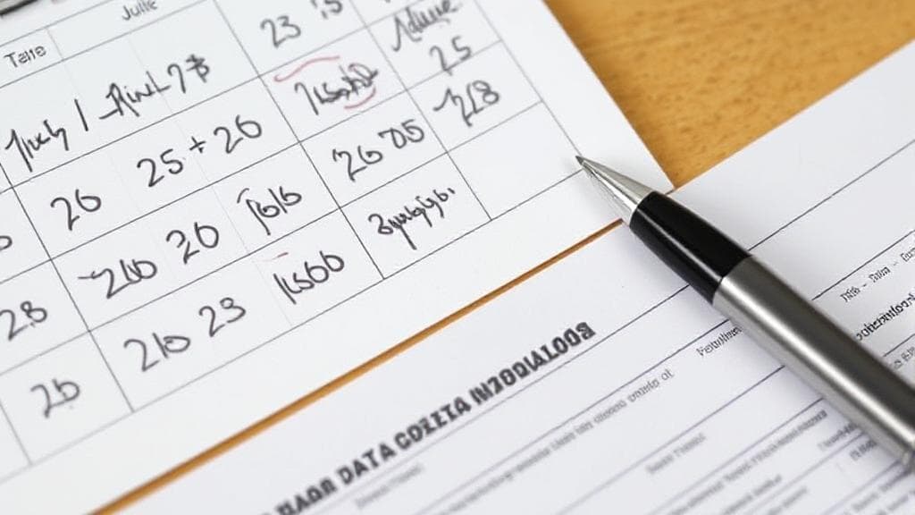 A calendar marked with important tax filing dates and a pen resting on a tax form.
