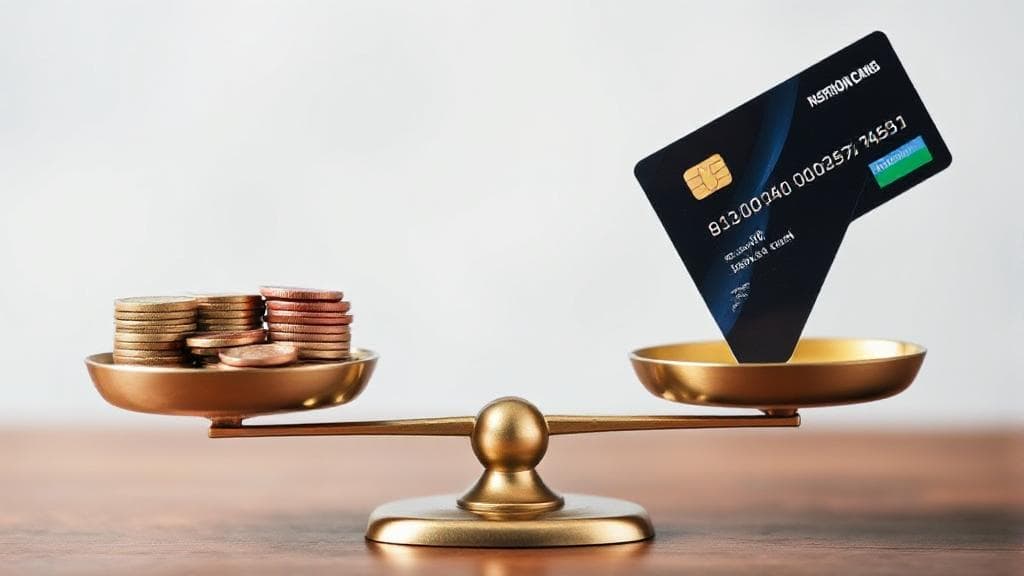 A balanced scale with coins on one side and a credit card on the other, symbolizing the decision between saving and debt repayment.