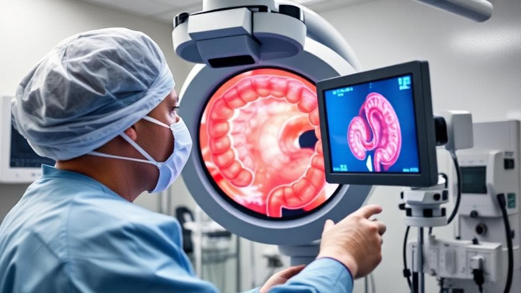 A medical professional performing a colonoscopy procedure in a sterile hospital environment, with a focus on the monitor displaying the colon's interior.