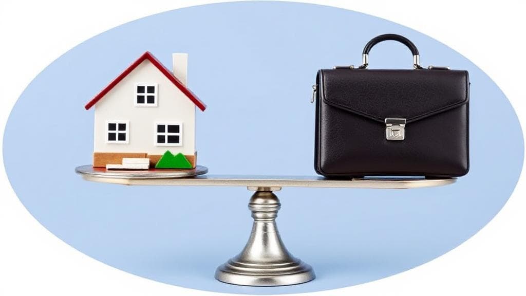 A balanced scale with a house on one side and a business briefcase on the other, symbolizing the decision of using a home address for an LLC.