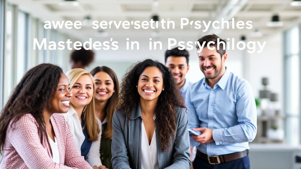 A diverse group of professionals collaborating in a modern office setting, symbolizing various career paths available with a Master's in Psychology.