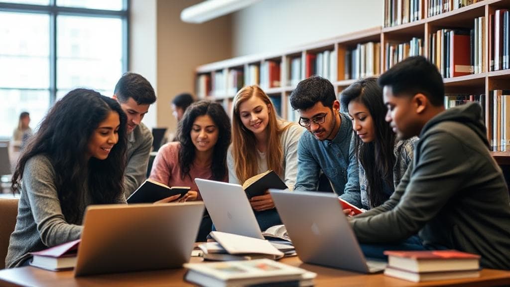 A diverse group of students studying in a library, surrounded by books and laptops, symbolizing the journey through a master's program.