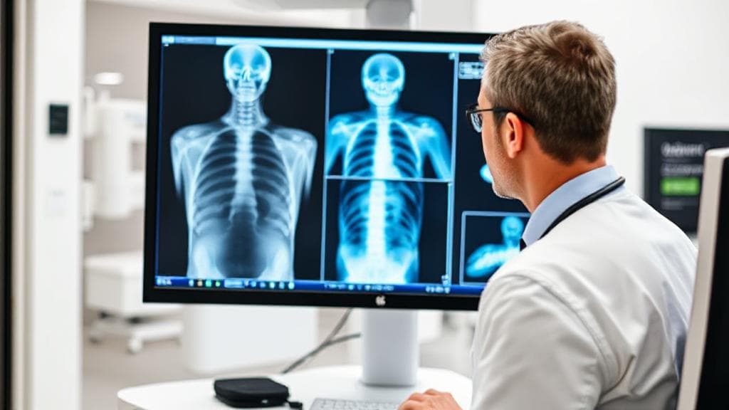 A professional radiologist technician analyzing X-ray images on a computer screen in a modern medical facility.
