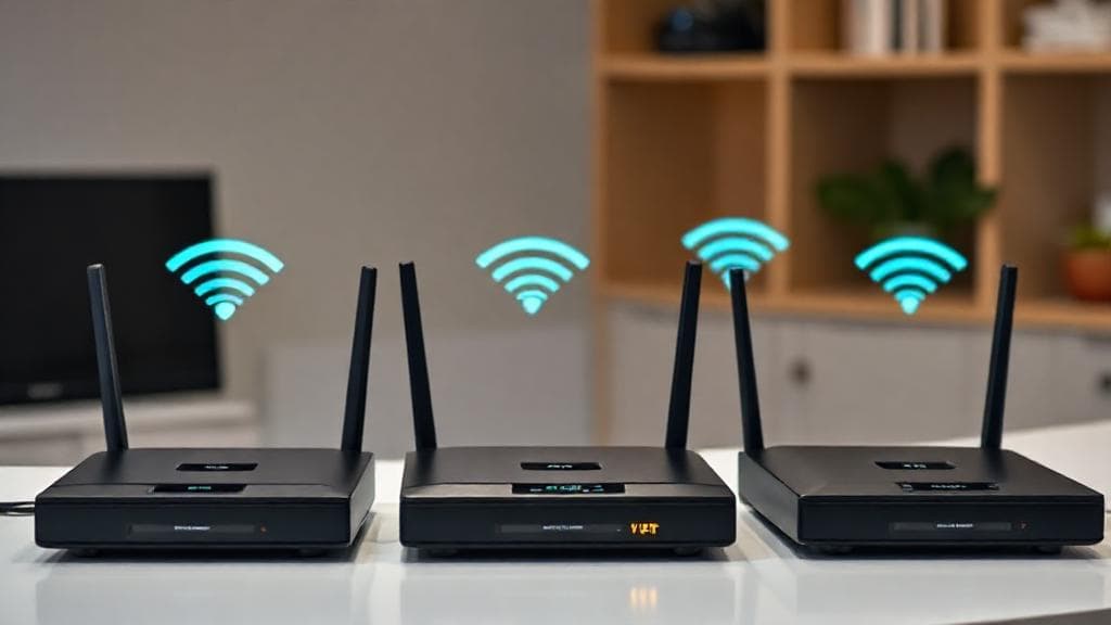 A sleek lineup of modern wireless routers on a clean desk, emitting glowing Wi-Fi signals to symbolize fast and reliable internet connectivity.