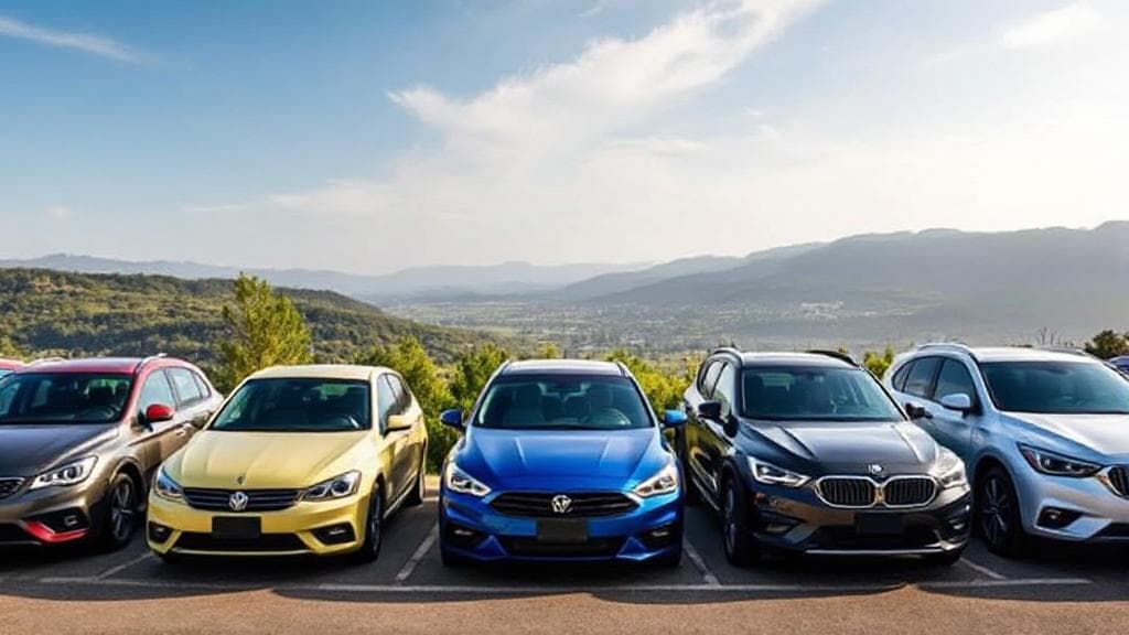 A diverse lineup of cars parked in front of a scenic backdrop, symbolizing the variety of car insurance options available.
