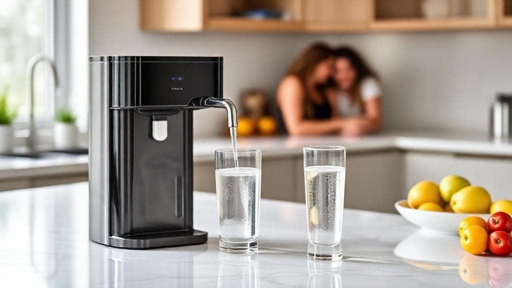 A modern kitchen countertop featuring a sleek water purifier dispensing crystal-clear water into a glass, with fresh fruits and a family in the background.