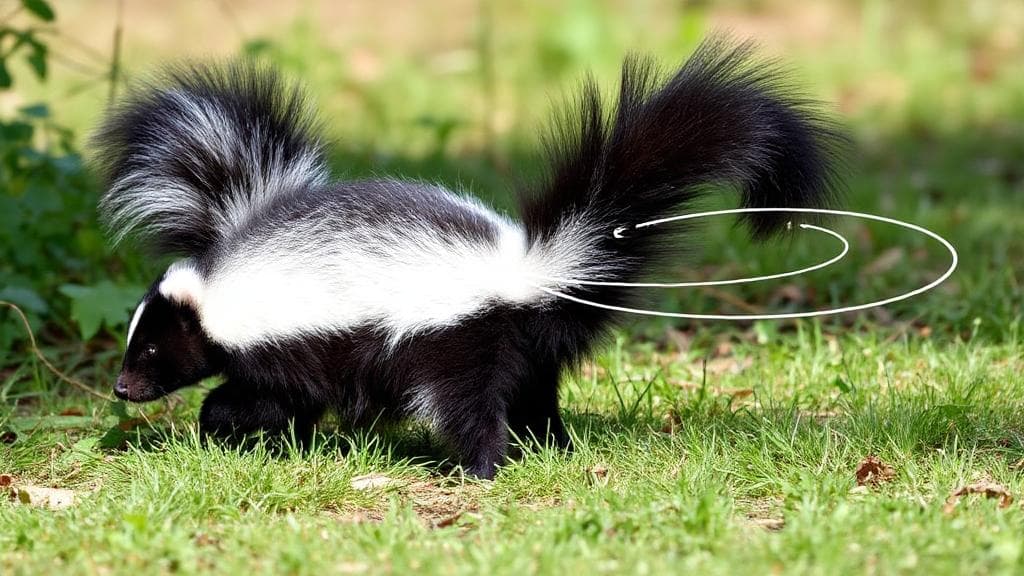 A skunk in a natural setting, tail raised, with a visible spray arc illustrating the distance it can reach.
