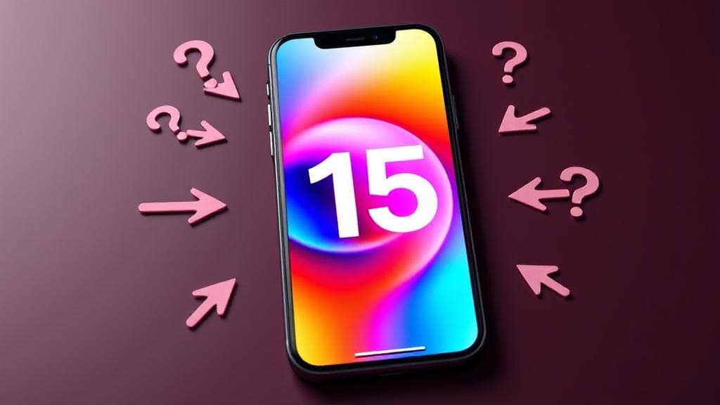 A sleek iPhone 15 with a vibrant display, surrounded by question marks and arrows indicating a decision-making process.
