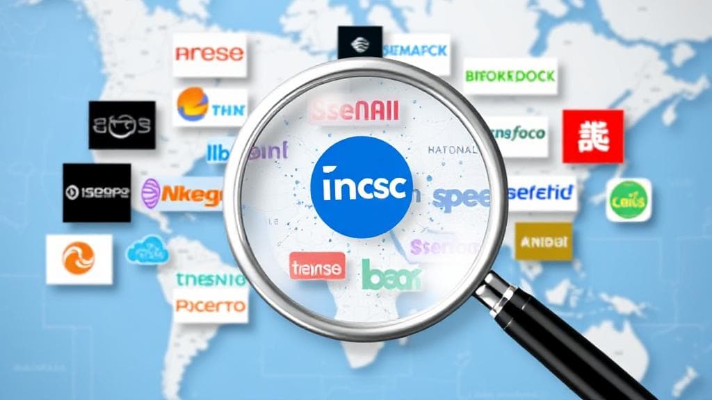 A collage of various internet provider logos overlaid on a map with a magnifying glass highlighting a specific area.